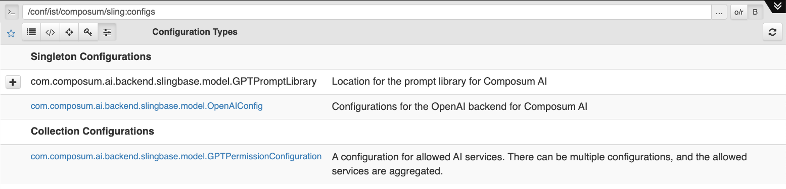 Screenshot of the "configuration types" view